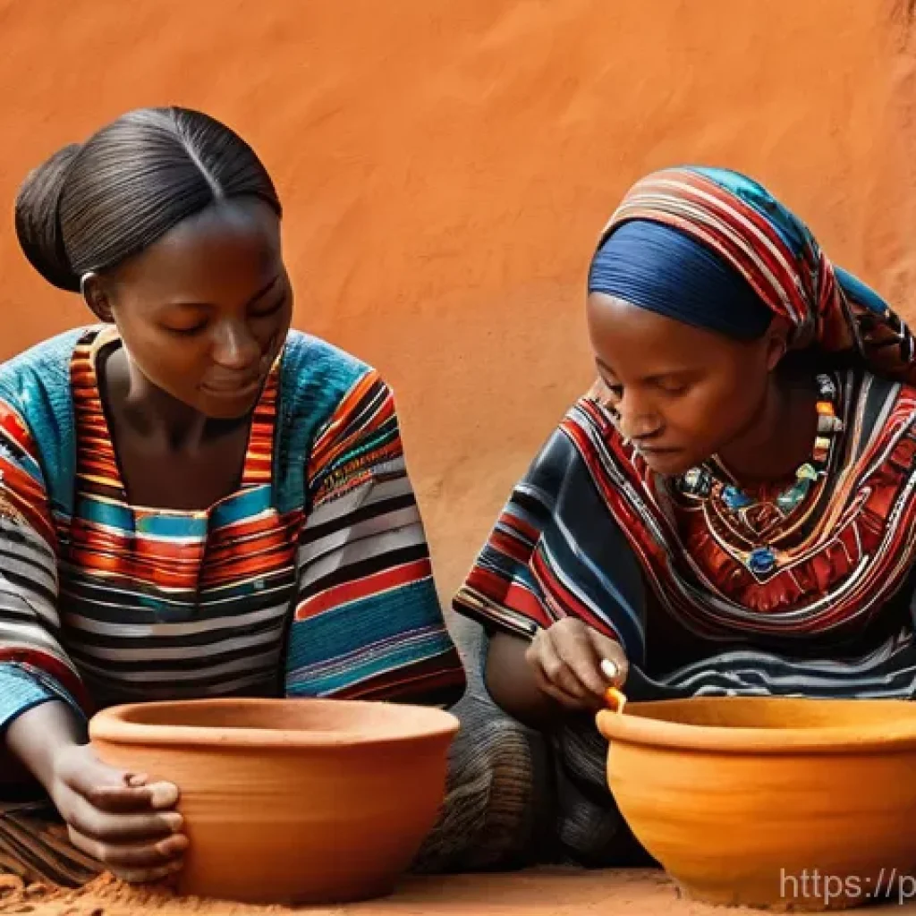 부르키나파소의 전통 가옥 및 건축 양식 - **Prompt:** A vibrant, sunlit scene in the village of Tiébélé, Burkina Faso. Two Kassena women, dres...