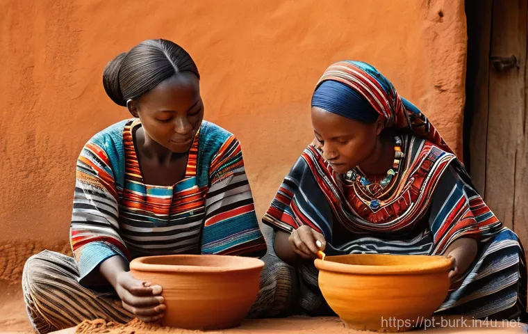 부르키나파소의 전통 가옥 및 건축 양식 - **Prompt:** A vibrant, sunlit scene in the village of Tiébélé, Burkina Faso. Two Kassena women, dres...