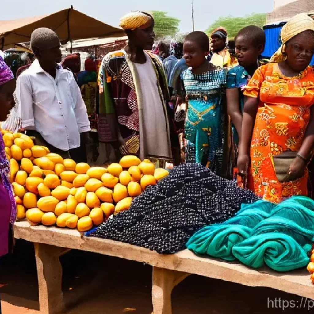 부르키나파소 여행 시 주의할 점 - **Prompt:** A bustling, vibrant outdoor market scene in Ouagadougou, Burkina Faso, under a bright, w...