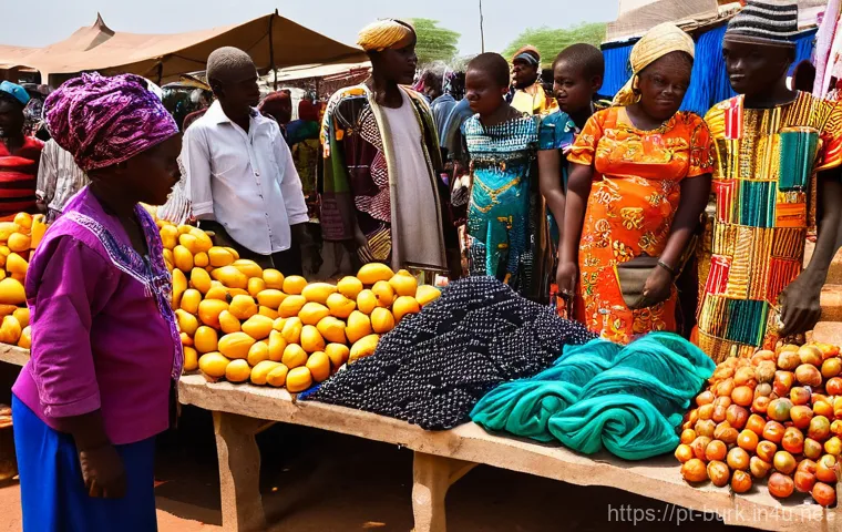 부르키나파소 여행 시 주의할 점 - **Prompt:** A bustling, vibrant outdoor market scene in Ouagadougou, Burkina Faso, under a bright, w...