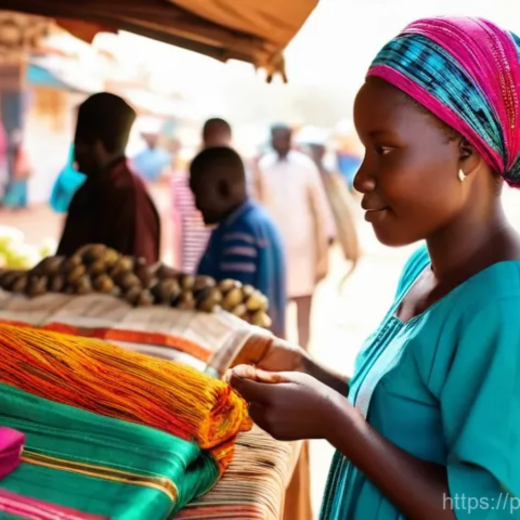 부르키나파소에서 배우는 프랑스어 - **Vibrant Market Language Exchange in Ouagadougou**
    A bustling, sun-drenched market scene in Oua...