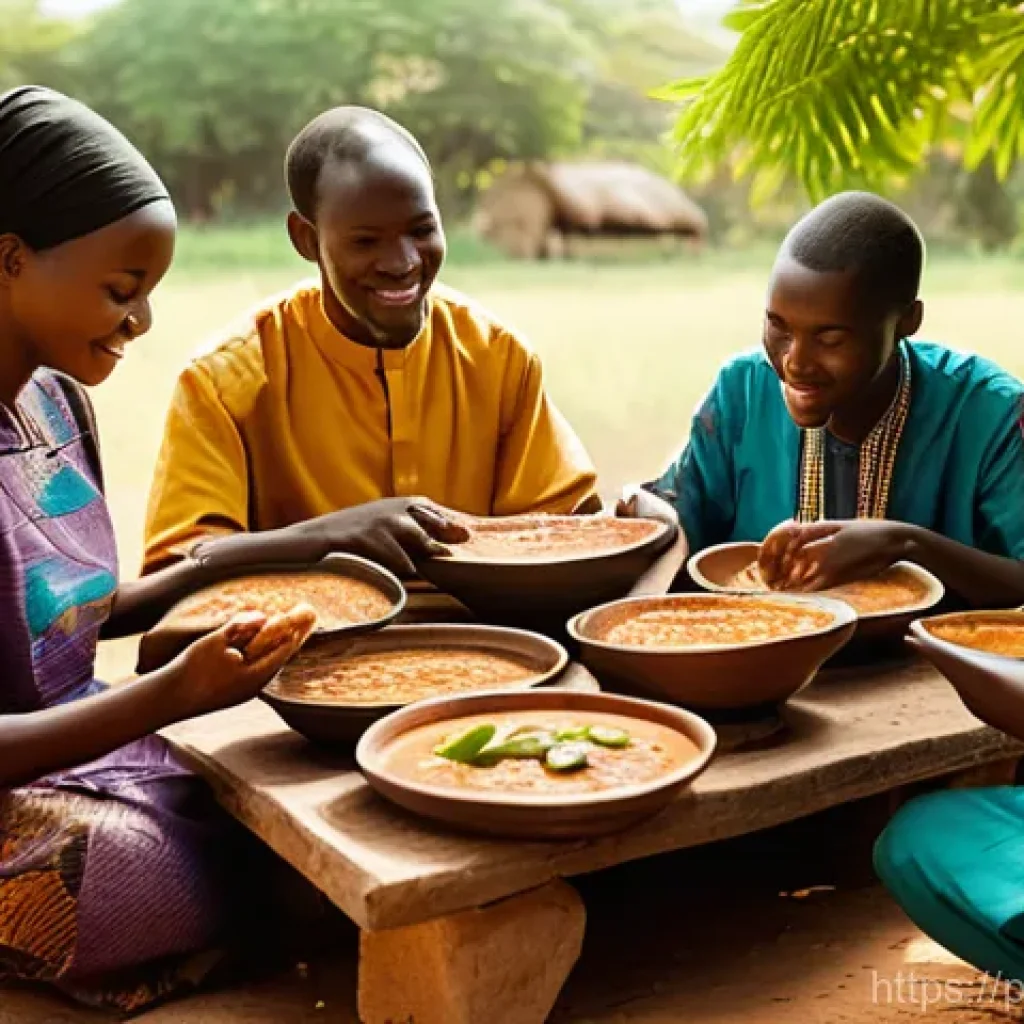 부르키나파소의 대표적인 음식 및 레시피 - **Prompt:** A heartwarming, photorealistic scene of a Burkinabe family or group of friends sharing a...