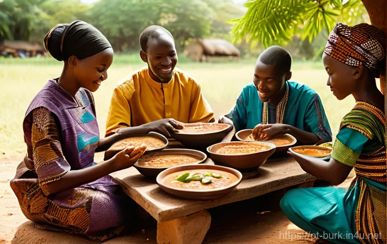부르키나파소의 대표적인 음식 및 레시피 - **Prompt:** A heartwarming, photorealistic scene of a Burkinabe family or group of friends sharing a...