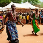 부르키나파소에서 관광객에게 추천하는 액티비티 - **Vibrant Warba Dance Celebration in Burkina Faso**
    A dynamic and colorful outdoor scene depicti...