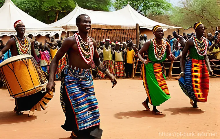 부르키나파소에서 관광객에게 추천하는 액티비티 - **Vibrant Warba Dance Celebration in Burkina Faso**
    A dynamic and colorful outdoor scene depicti...