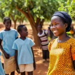 부르키나파소의 스마트폰 보급률 및 IT 발전 상황 - **Prompt:** A vibrant, sunny scene in a rural village of Burkina Faso. In the foreground, a young, d...