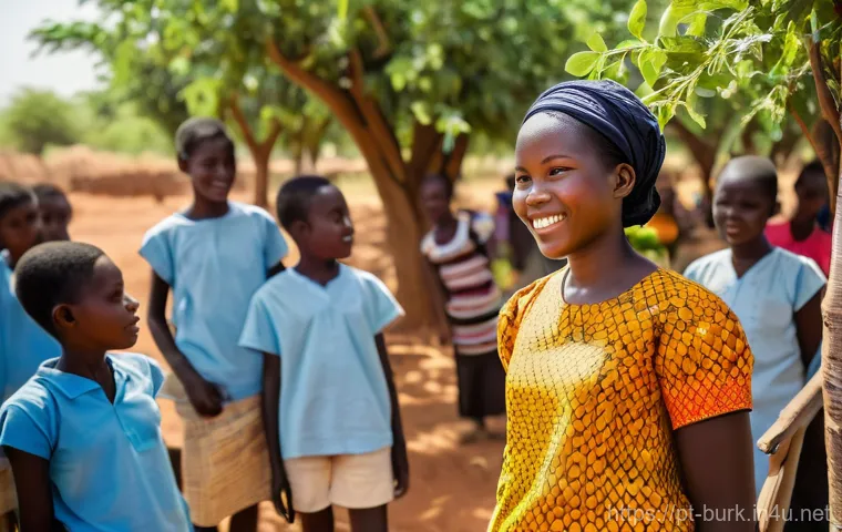 부르키나파소의 스마트폰 보급률 및 IT 발전 상황 - **Prompt:** A vibrant, sunny scene in a rural village of Burkina Faso. In the foreground, a young, d...
