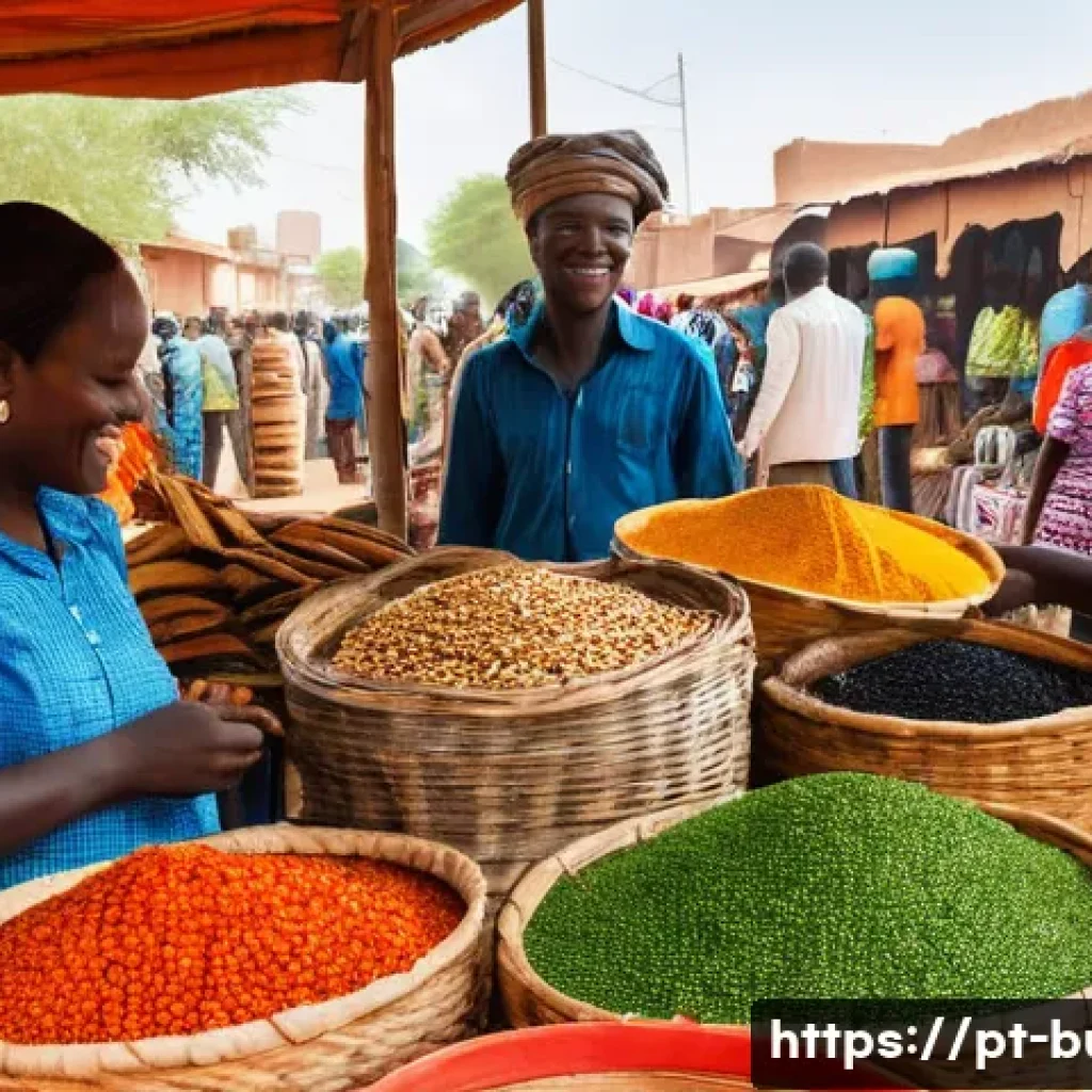 부르키나파소 주요 관광지 추천 - A vibrant street market scene in Ouagadougou, Burkina Faso, showcasing bustling stalls filled with c...