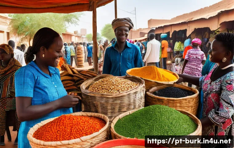 부르키나파소 주요 관광지 추천 - A vibrant street market scene in Ouagadougou, Burkina Faso, showcasing bustling stalls filled with c...
