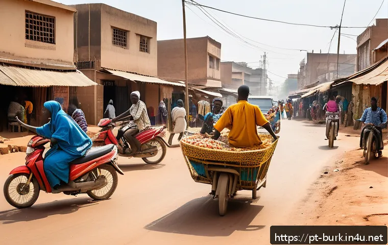 부르키나파소의 특이한 교통 문화 - A bustling street scene in Ouagadougou, Burkina Faso, showcasing a vibrant mix of transportation mod...