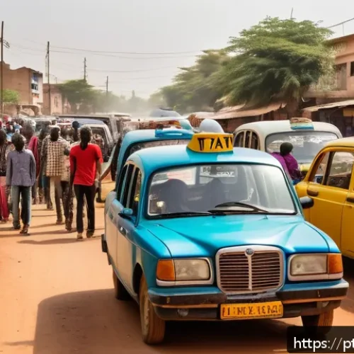 부르키나파소 현지 교통 수단 및 이동 방법 - A bustling urban street scene in Ouagadougou, Burkina Faso, featuring several colorful shared taxis ...