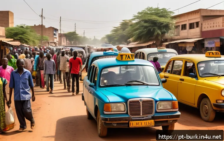 부르키나파소 현지 교통 수단 및 이동 방법 - A bustling urban street scene in Ouagadougou, Burkina Faso, featuring several colorful shared taxis ...