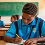 부르키나파소의 교육 개혁 및 학제 변화 - A vibrant classroom scene in a modern school in Burkina Faso, showing diverse students aged around 1...