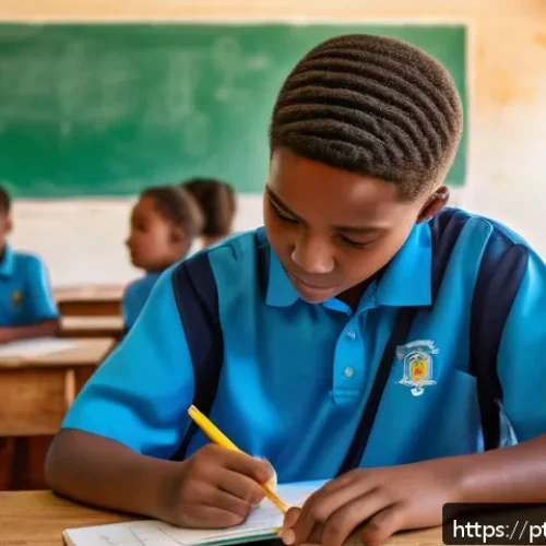 부르키나파소의 교육 개혁 및 학제 변화 - A vibrant classroom scene in a modern school in Burkina Faso, showing diverse students aged around 1...