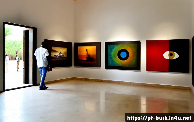 부르키나파소의 현대 미술 및 갤러리 소개 - Photorealistic contemporary art gallery in Ouagadougou, Burkina Faso, spacious white walls displayin...