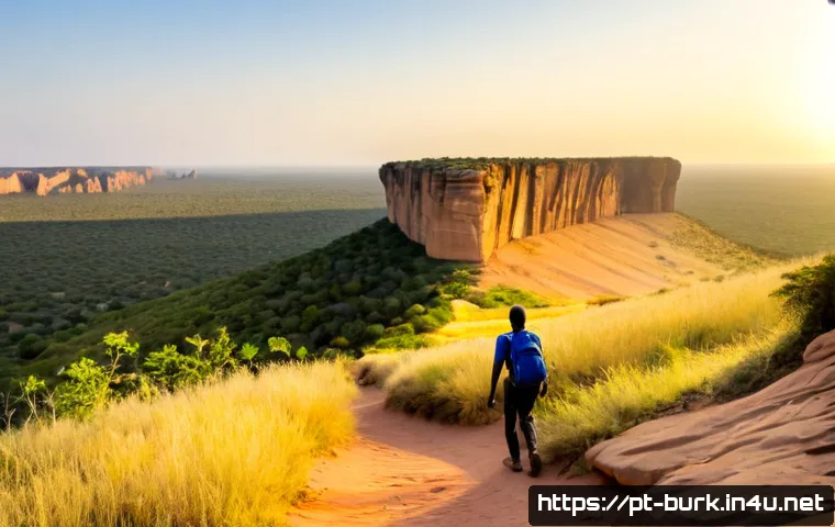 Home 17 부르키나파소의 주요 산맥 및 등산 코스 - Photorealistic wide landscape of Burkina Faso’s Banfora escarpment at sunrise, rugged sandstone clif...