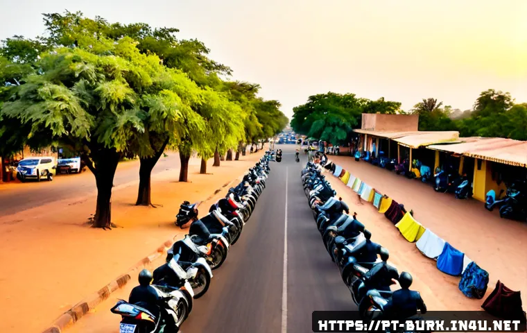 Home 17 부르키나파소 주요 도시 및 특징 - Photorealistic wide-angle morning view of Ouagadougou, Burkina Faso, a lively urban boulevard with m...